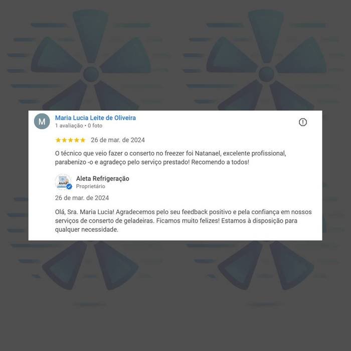 Avaliação 5 estrelas — conserto de freezer em Recife
