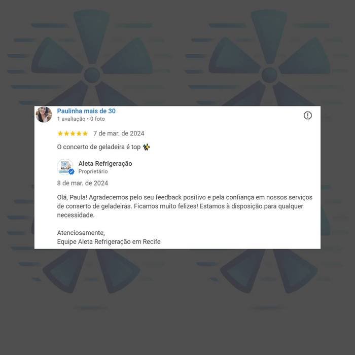 Avaliação 5 estrelas — conserto de geladeira em Recife